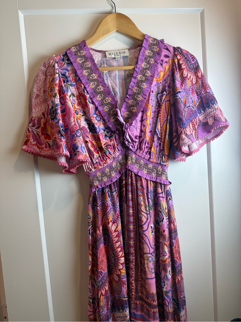 Hale Bob Katelyn Linen Maxi Dress Pink Paisley Boho Flutter Sleeve PocketsSizeXS - Picture 3 of 14